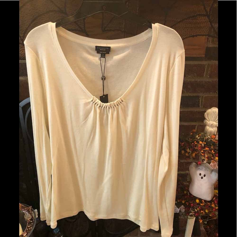 Talbots Cream top with bead detailing at neckline